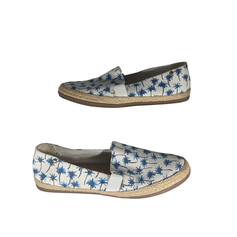 Bass Jenny Espadrille Flat 9.5M White Blue Palm Tree Print Coastal Summer Slipon